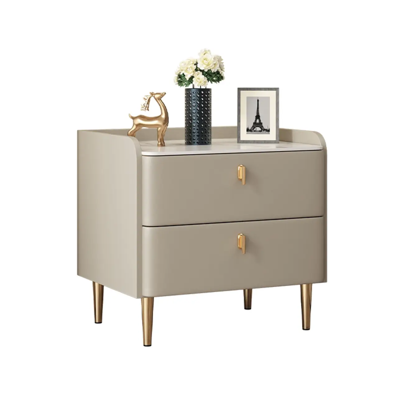 Trendy Stone Leather Gold Accents 2-Drawer Nightstand Image - 17 | homeyfad
