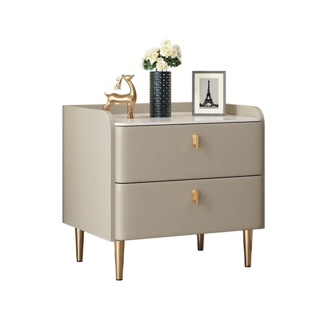 Trendy Stone Leather Gold Accents 2-Drawer Nightstand Image - 17