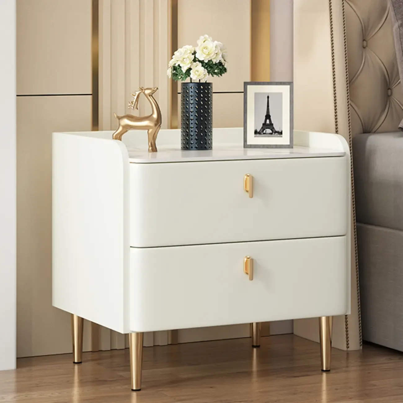 Trendy Stone Leather Gold Accents 2-Drawer Nightstand Image - 6