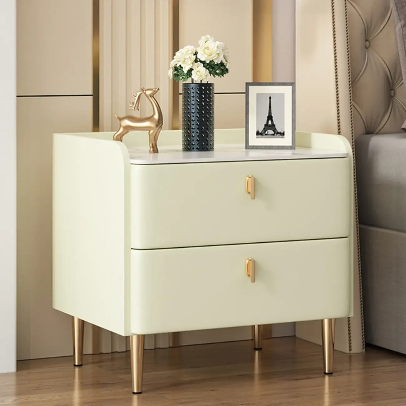 Trendy Stone Leather Gold Accents 2-Drawer Nightstand Image - 7