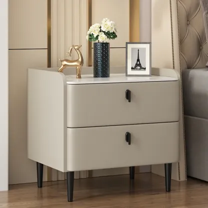 Trendy Stone Leather Gold Accents 2-Drawer Nightstand Image - 10