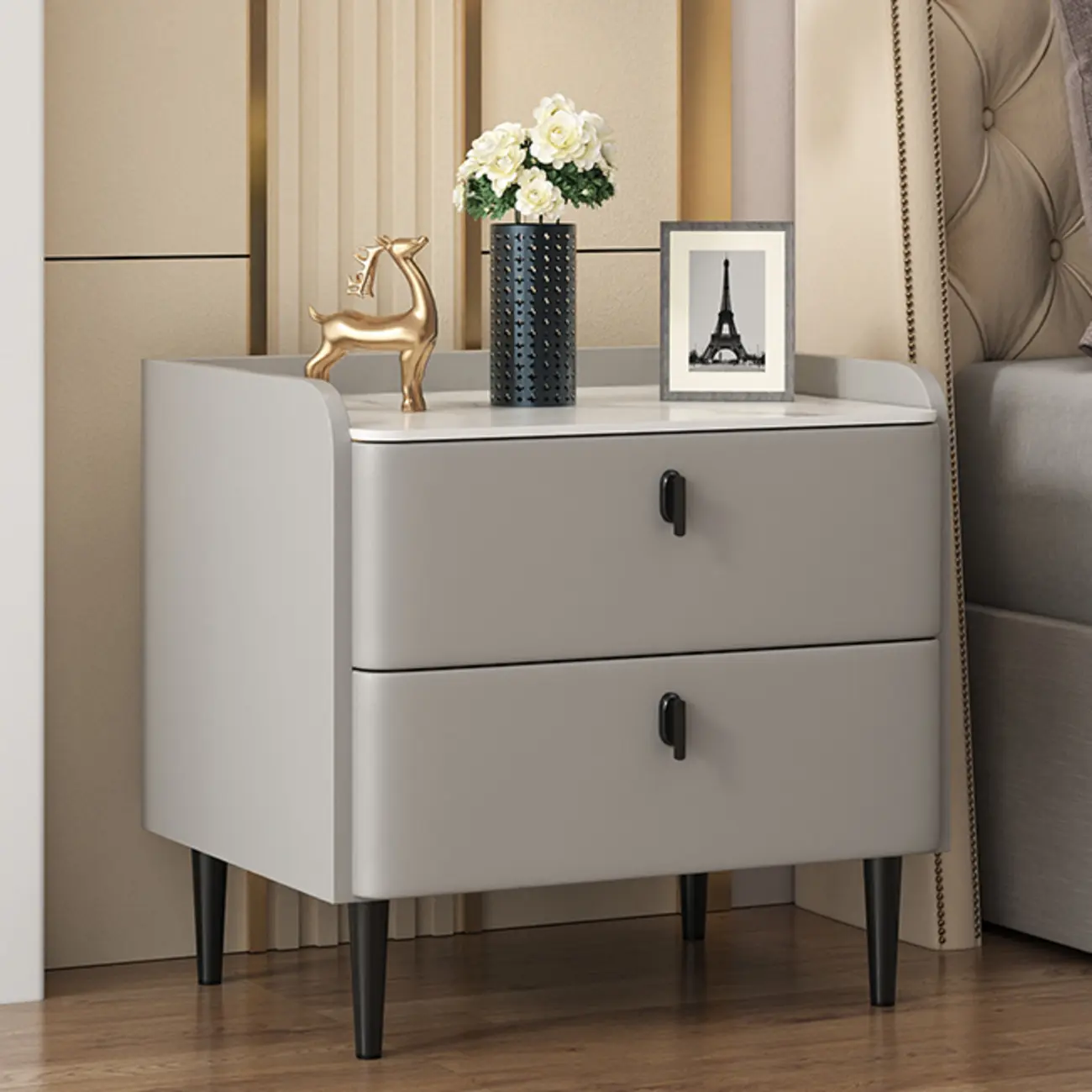Trendy Stone Leather Gold Accents 2-Drawer Nightstand Image - 15 | homeyfad