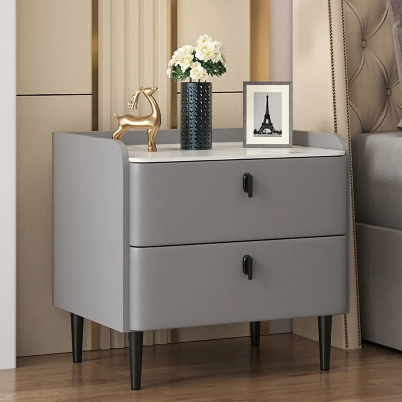 Trendy Stone Leather Gold Accents 2-Drawer Nightstand Image - 13