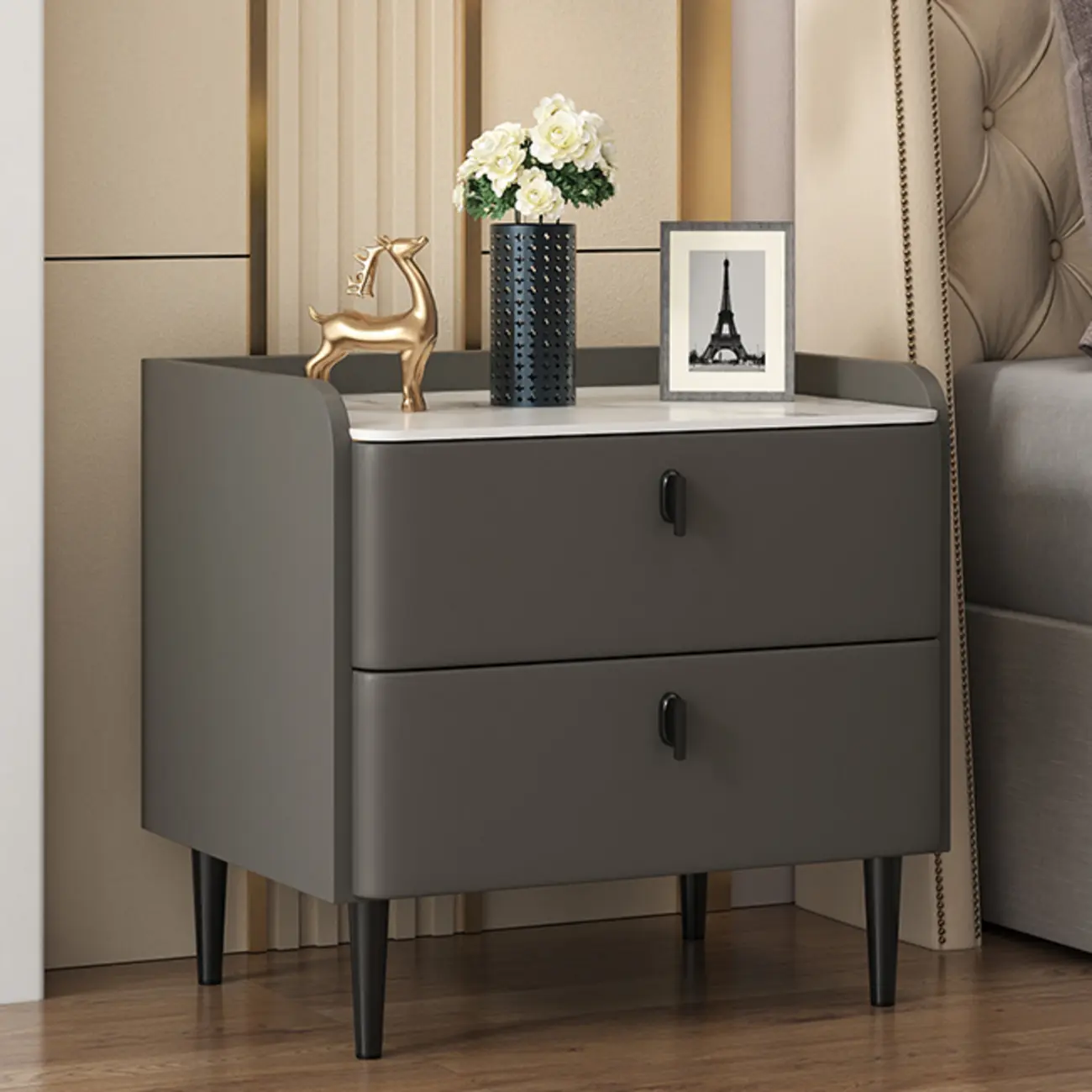 Trendy Stone Leather Gold Accents 2-Drawer Nightstand Image - 12 | homeyfad