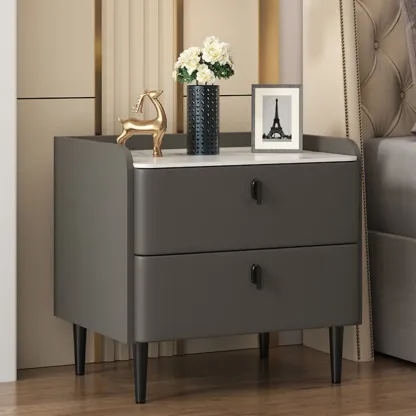 Trendy Stone Leather Gold Accents 2-Drawer Nightstand Image - 12