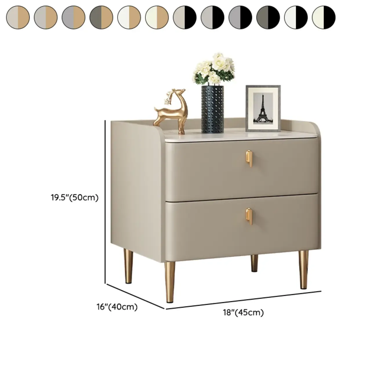 Trendy Stone Leather Gold Accents 2-Drawer Nightstand Image - 19