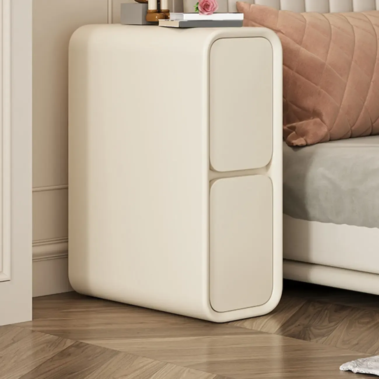 Modern Cream  Leather Wood 2-Drawer Nightstand Image - 1