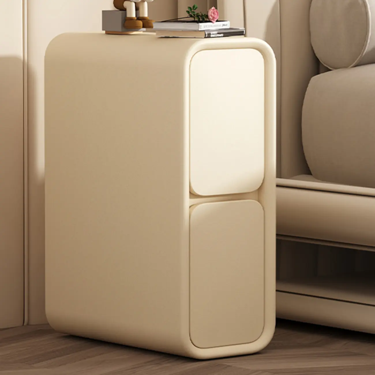 Modern Cream  Leather Wood 2-Drawer Nightstand Image - 4 | homeyfad