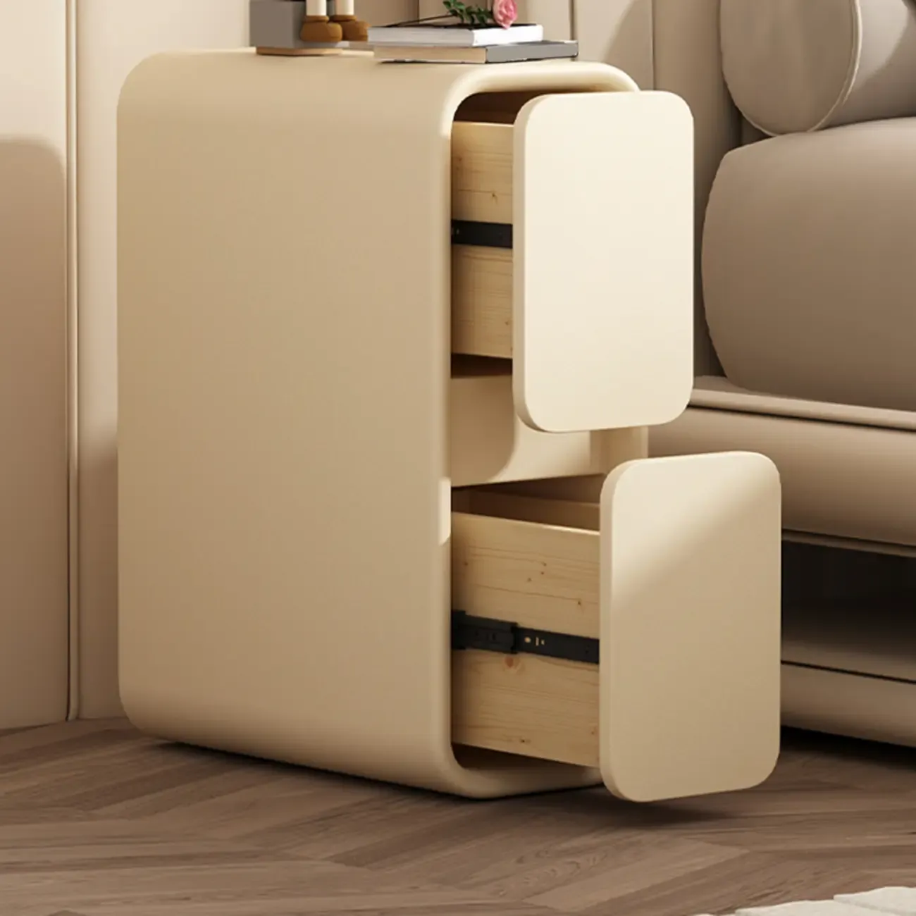 Modern Cream  Leather Wood 2-Drawer Nightstand Image - 2