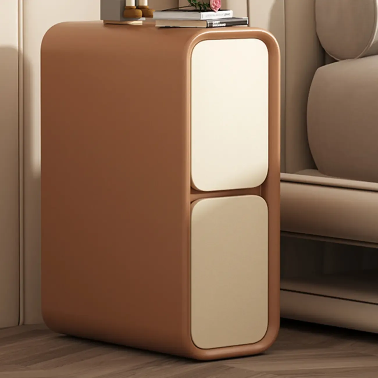 Modern Cream  Leather Wood 2-Drawer Nightstand Image - 10