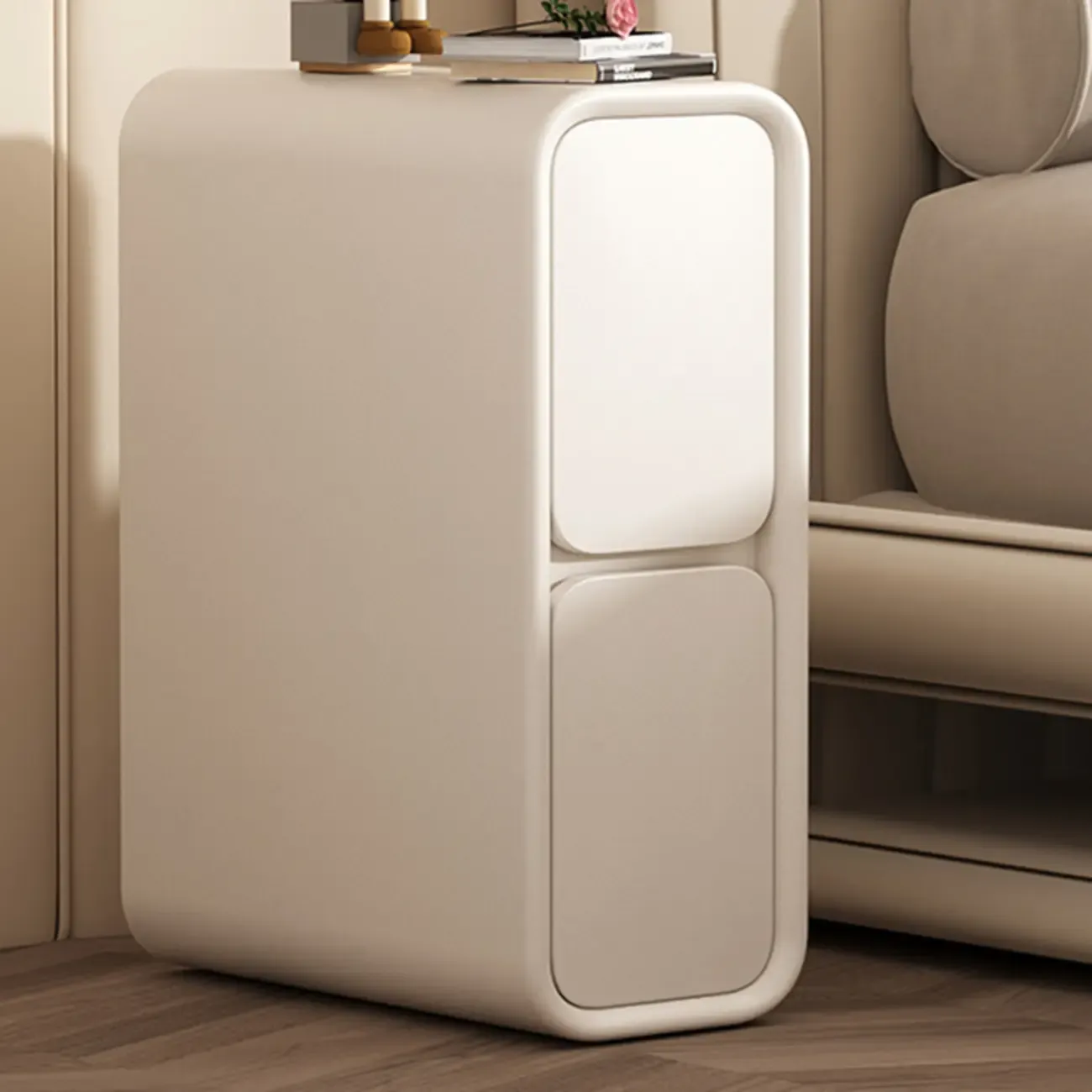 Modern Cream  Leather Wood 2-Drawer Nightstand Image - 7