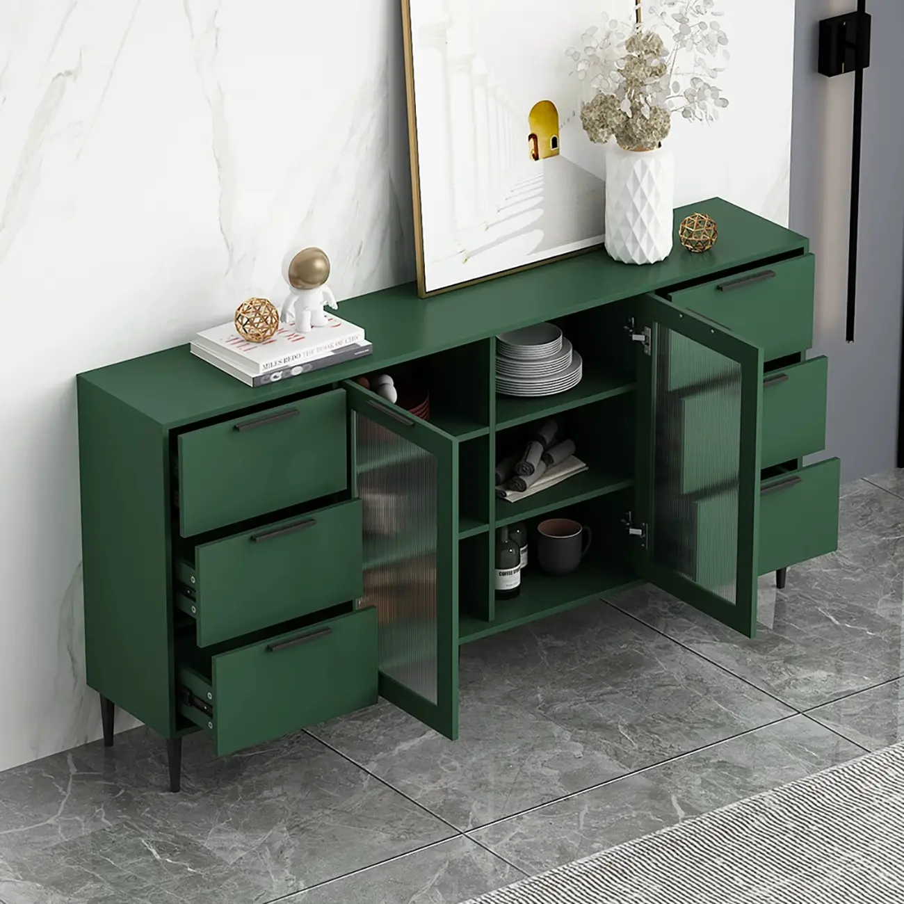 Modern Wooden Sideboard with Glass Doors & Drawers Image - 9 | homeyfad