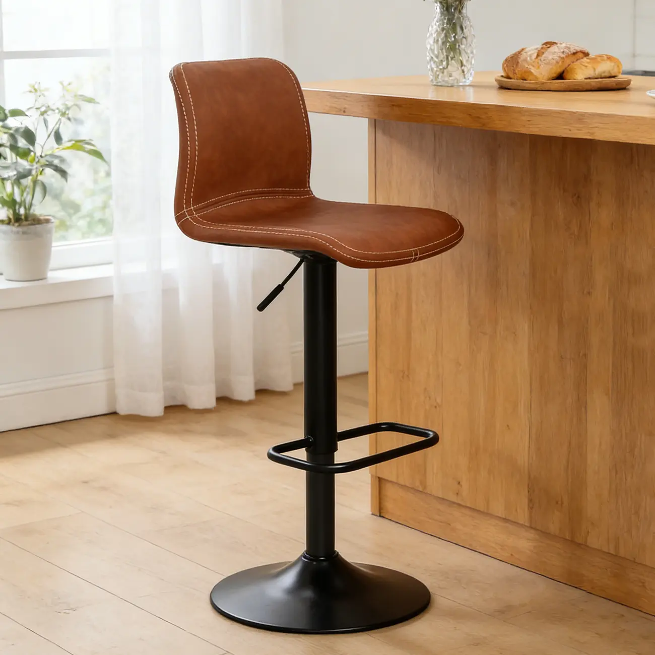 Leather Low Back Adjustable Swivel Sleek Bar Stools Image - 2 | homeyfad