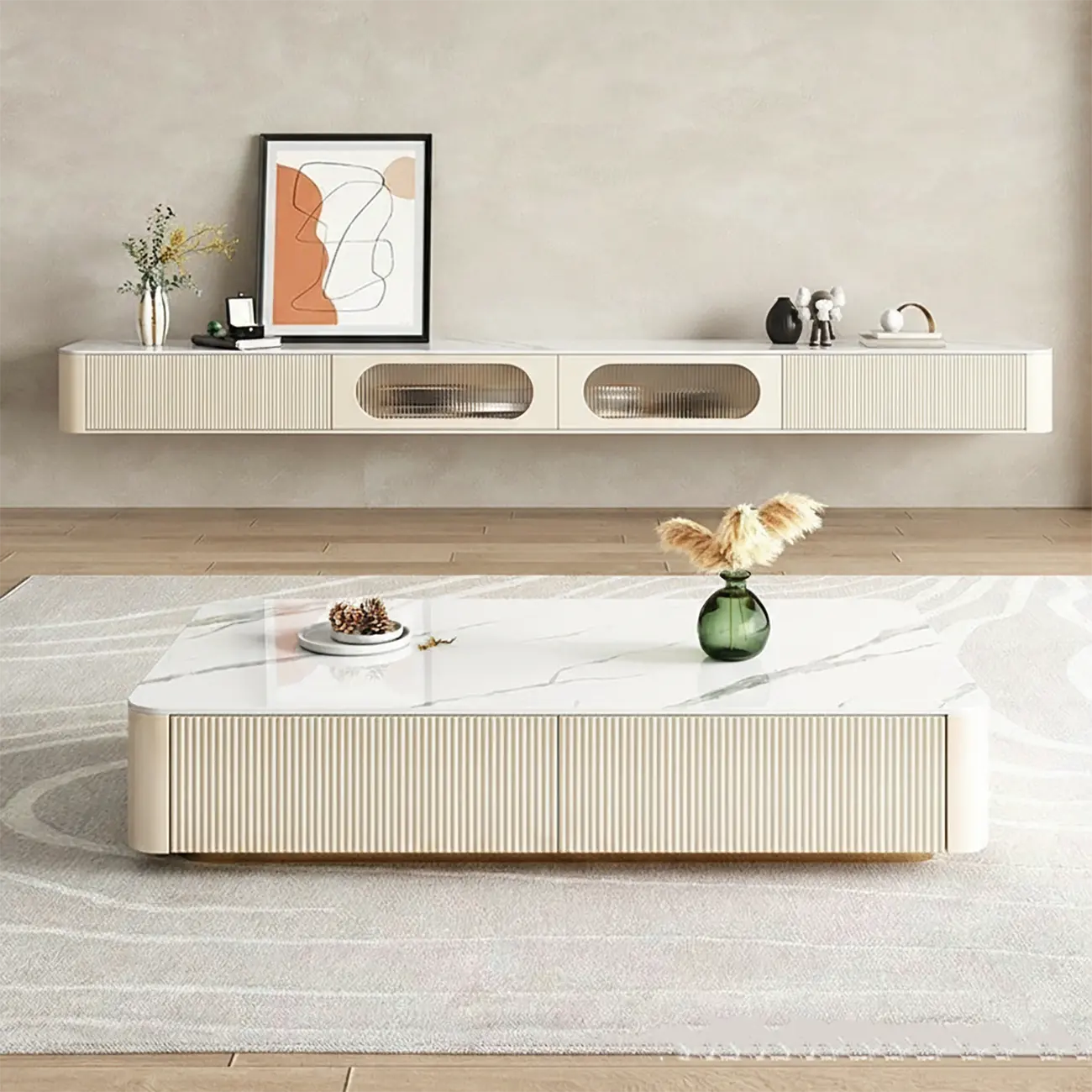 Modern Stone Floating TV Stand with 2-Drawers for Living Room Image - 1 | homeyfad