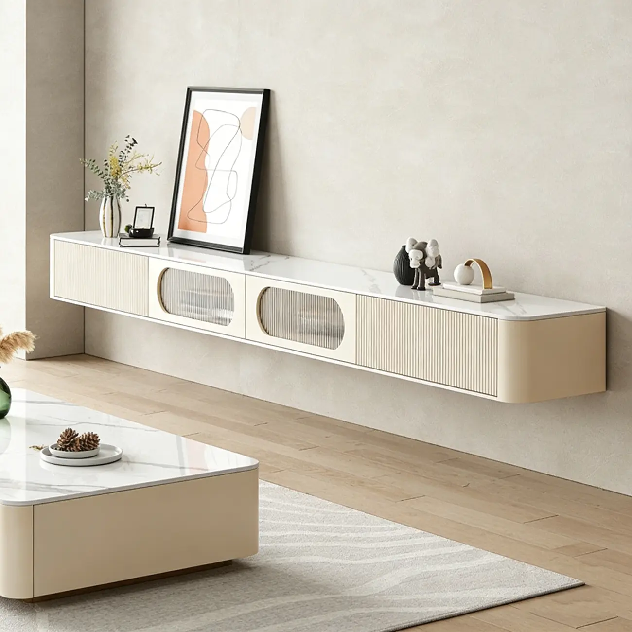 Modern Stone Floating TV Stand with 2-Drawers for Living Room Image - 3 | homeyfad