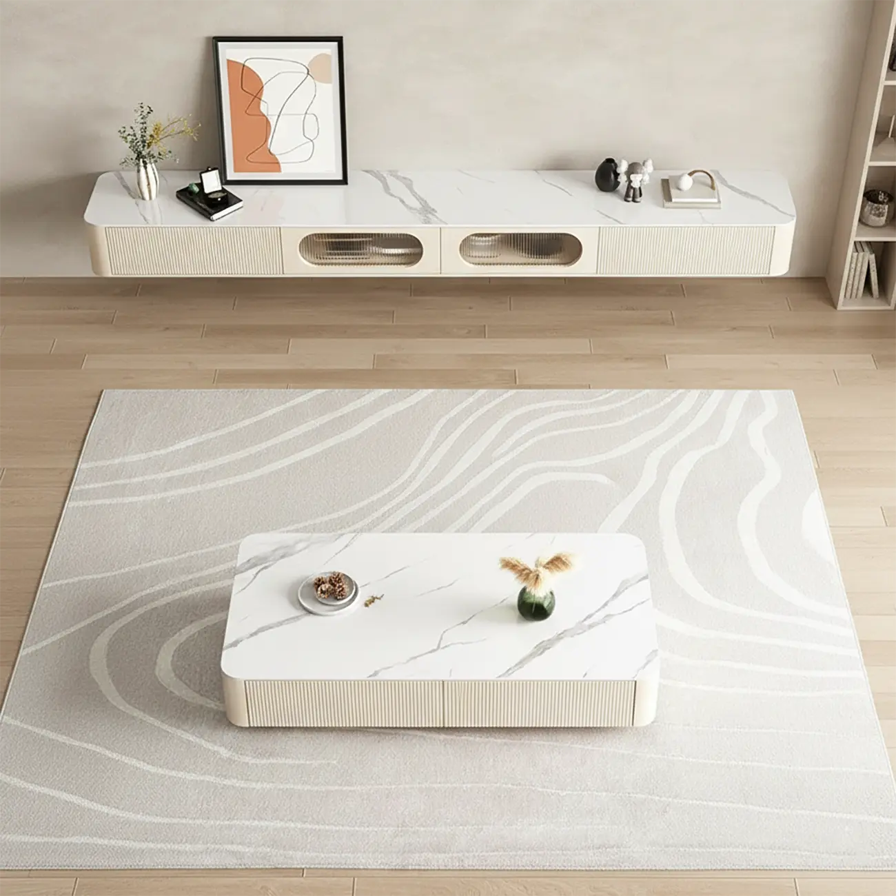 Modern Stone Floating TV Stand with 2-Drawers for Living Room Image - 4 | homeyfad