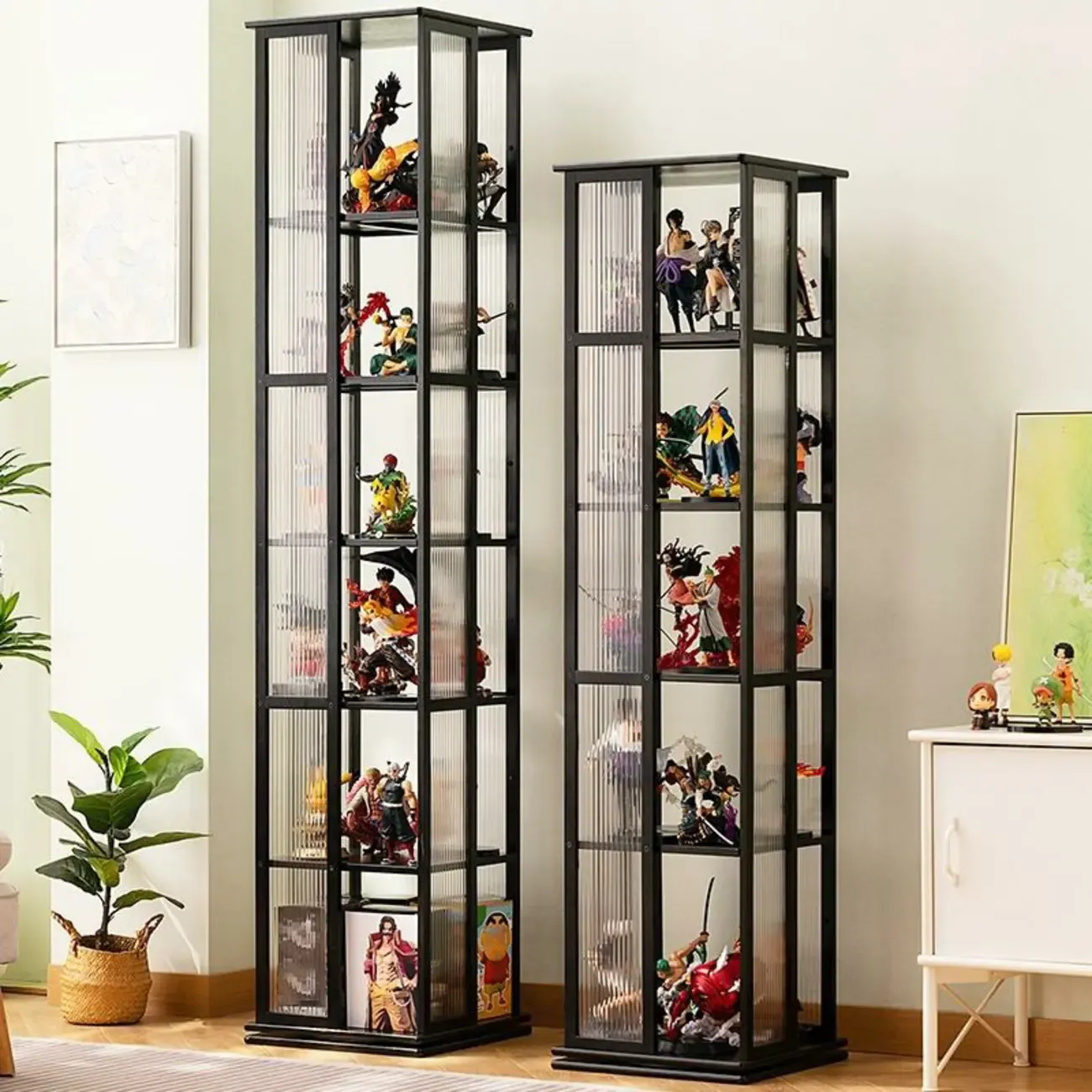 Modern Black Bamboo Tall Narrow Glass Open Display Cabinet Image - 2
