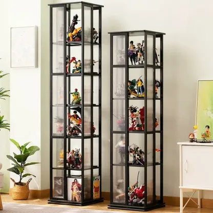 Modern Black Bamboo Tall Narrow Glass Open Display Cabinet Image - 2