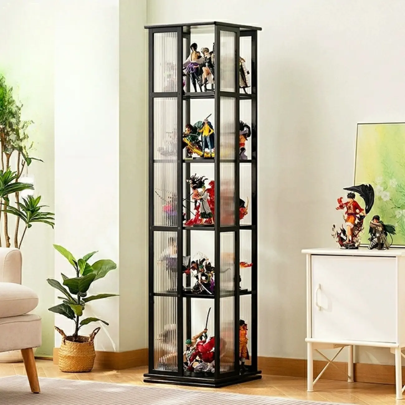 Modern Black Bamboo Tall Narrow Glass Open Display Cabinet Image - 1 | homeyfad