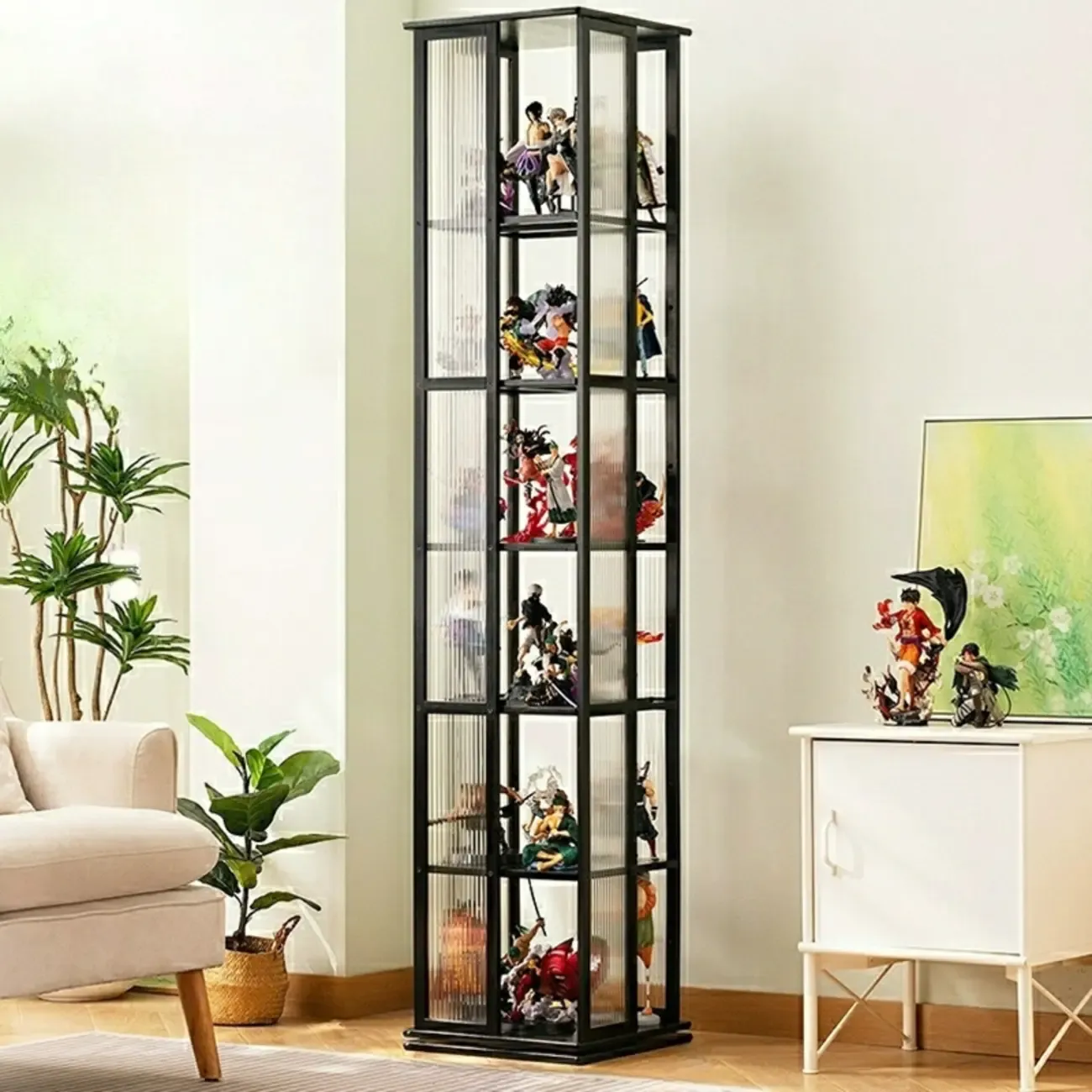 Modern Black Bamboo Tall Narrow Glass Open Display Cabinet Image - 3