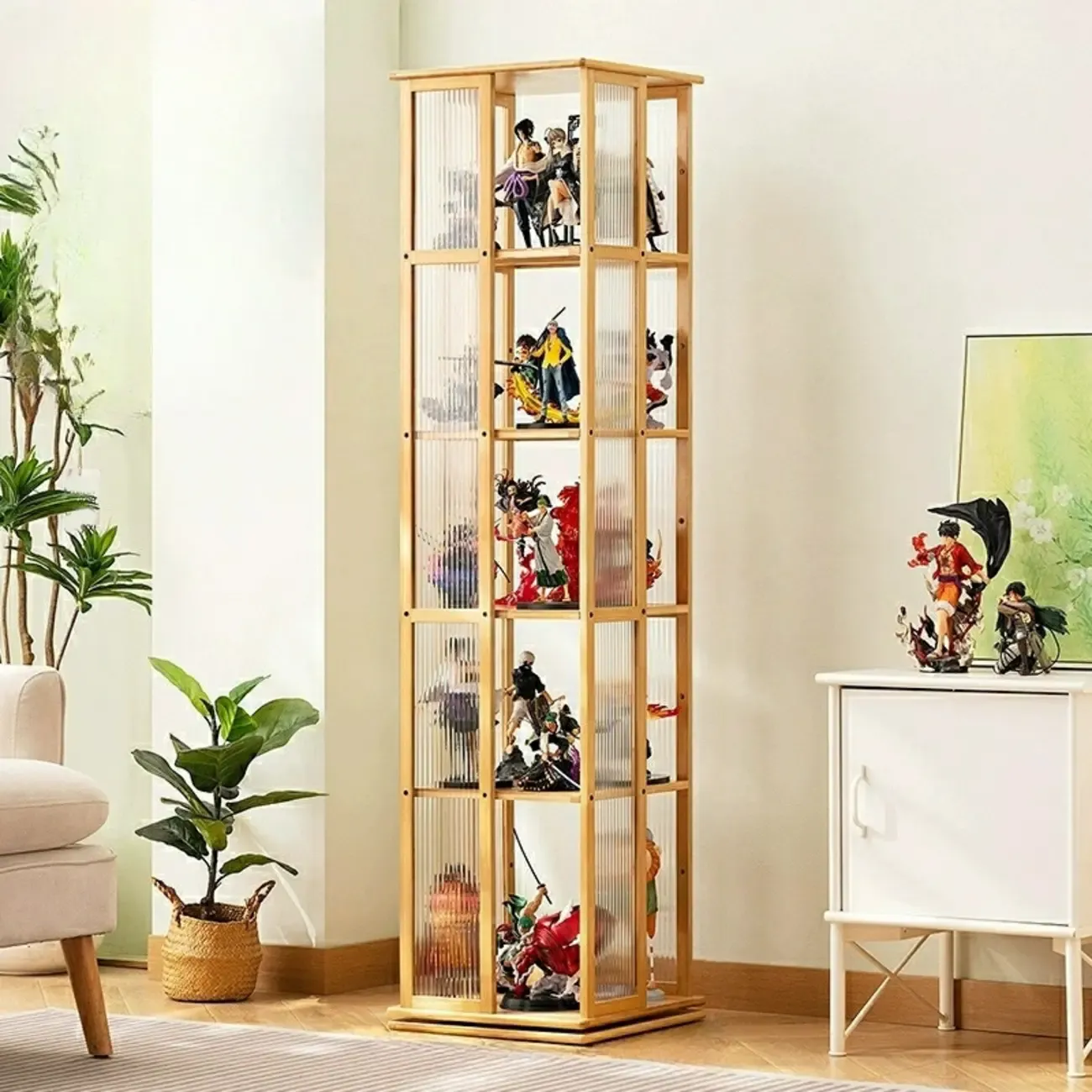 Modern Black Bamboo Tall Narrow Glass Open Display Cabinet Image - 5