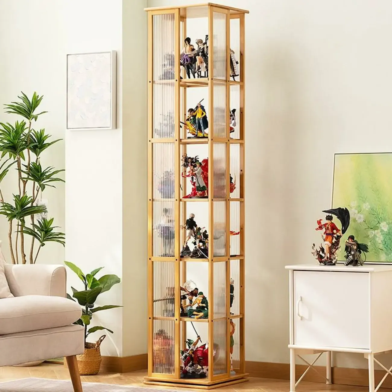 Modern Black Bamboo Tall Narrow Glass Open Display Cabinet Image - 7