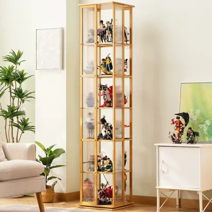 Modern Black Bamboo Tall Narrow Glass Open Display Cabinet Image - 7