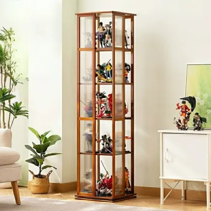 Modern Black Bamboo Tall Narrow Glass Open Display Cabinet Image - 9