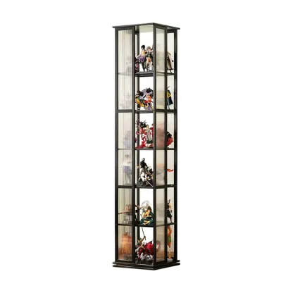 Modern Black Bamboo Tall Narrow Glass Open Display Cabinet Image - 10