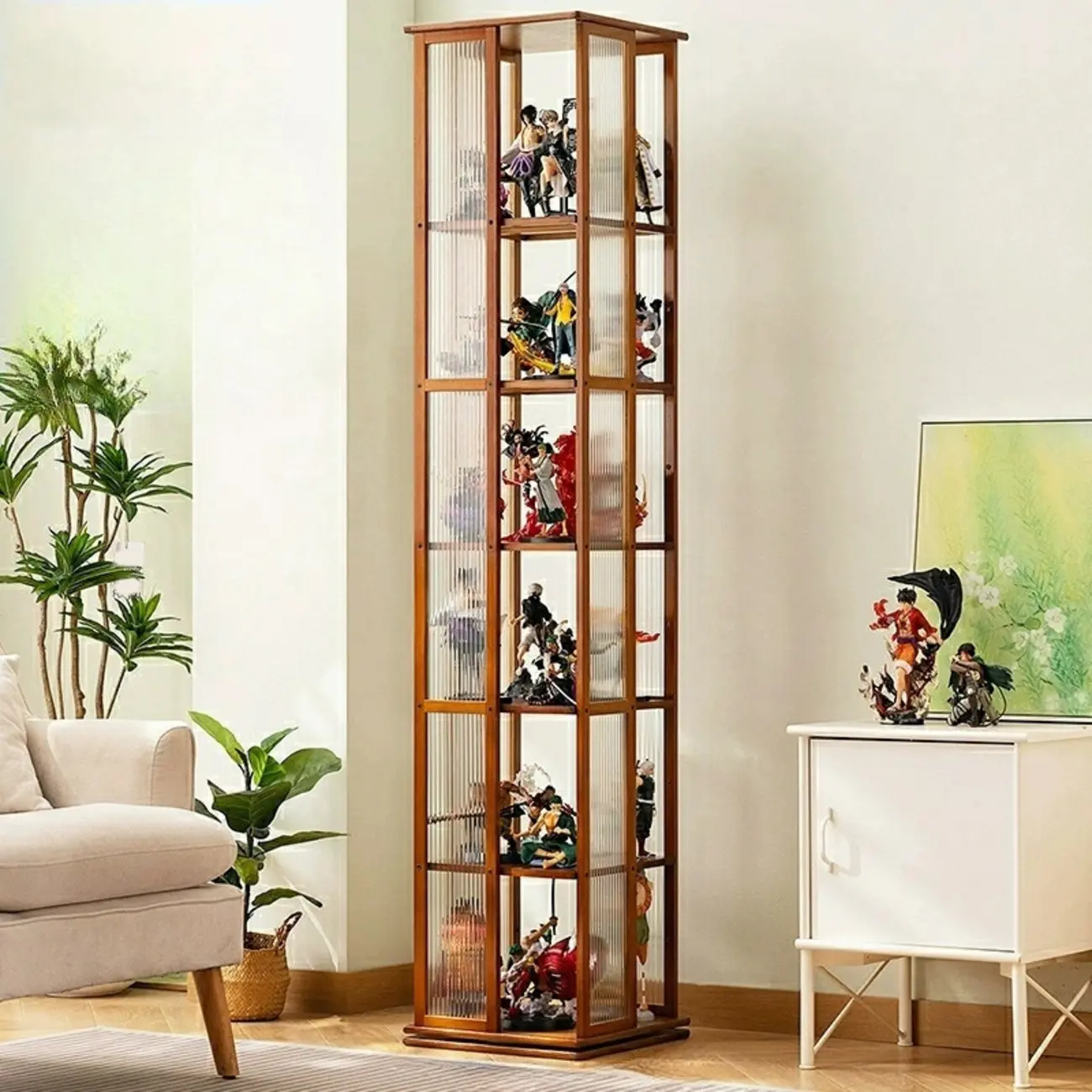 Modern Black Bamboo Tall Narrow Glass Open Display Cabinet Image - 11 | homeyfad