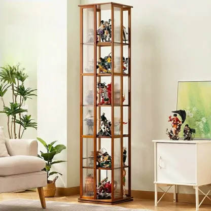 Modern Black Bamboo Tall Narrow Glass Open Display Cabinet Image - 11