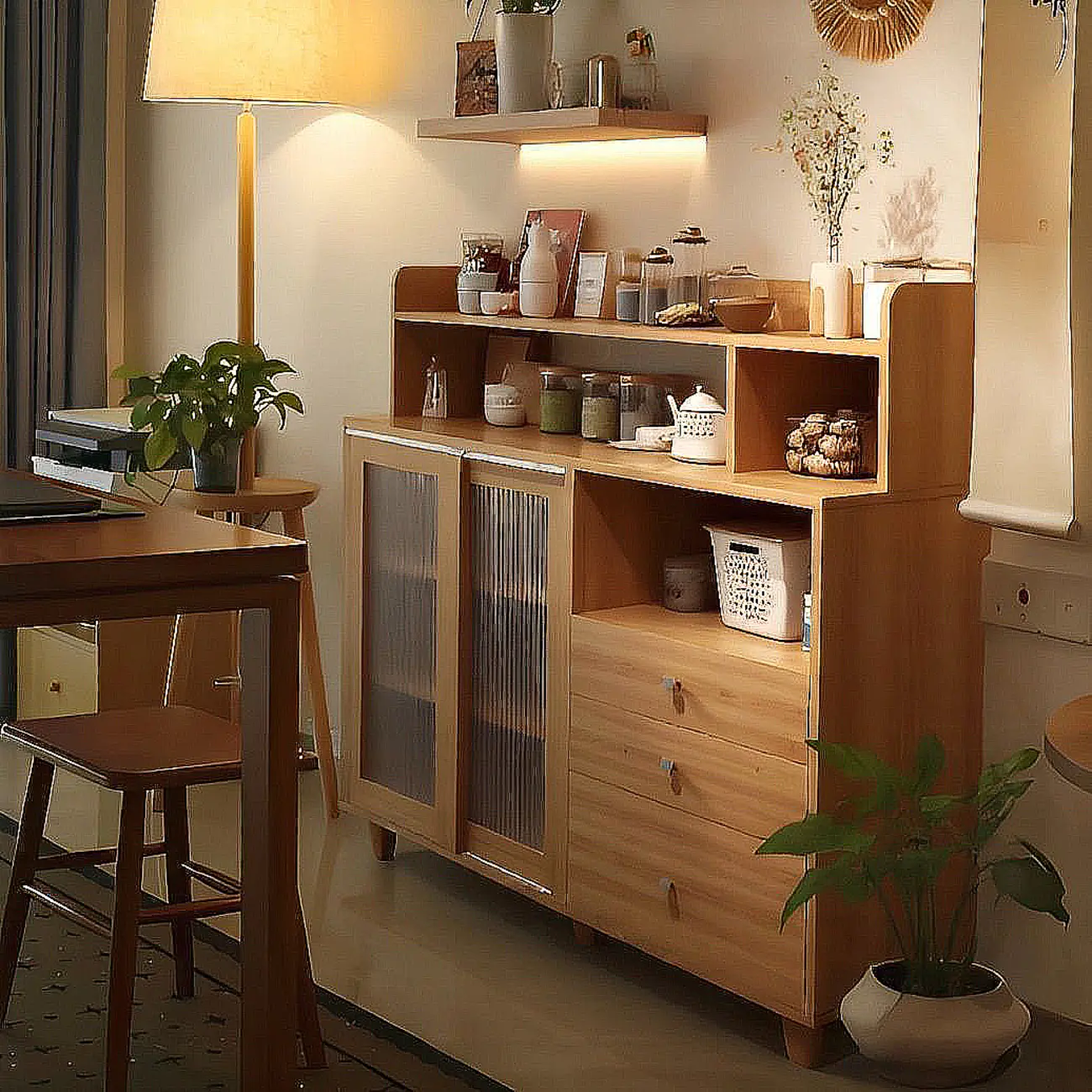 Modern Wood Sideboard with Sliding Doors & Drawers Image - 2 | homeyfad