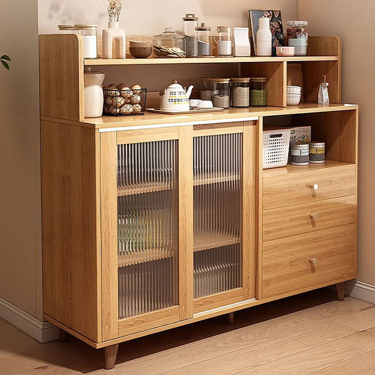 Modern Wood Sideboard with Sliding Doors & Drawers Image - 4 | homeyfad