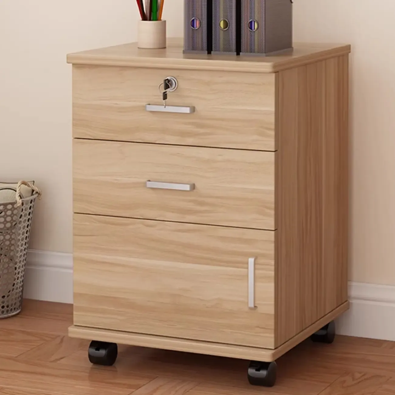 Elegant Wooden Filing Cabinet with Lock and Casters for Office Image - 5