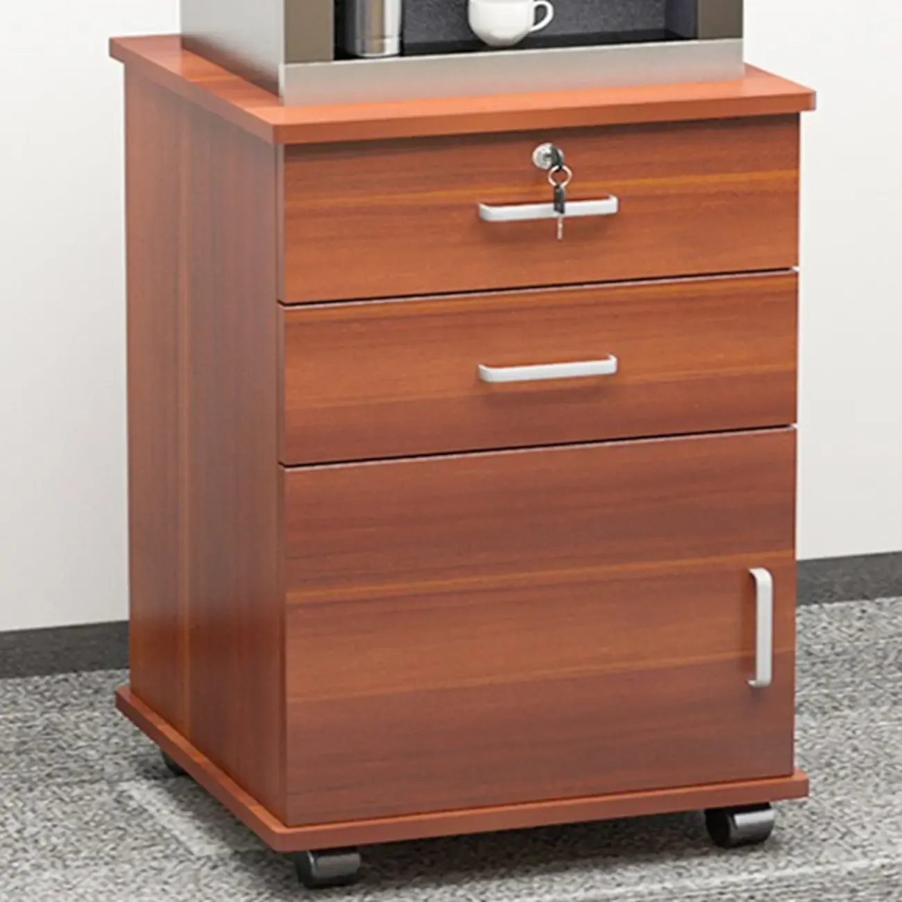 Elegant Wooden Filing Cabinet with Lock and Casters for Office Image - 2
