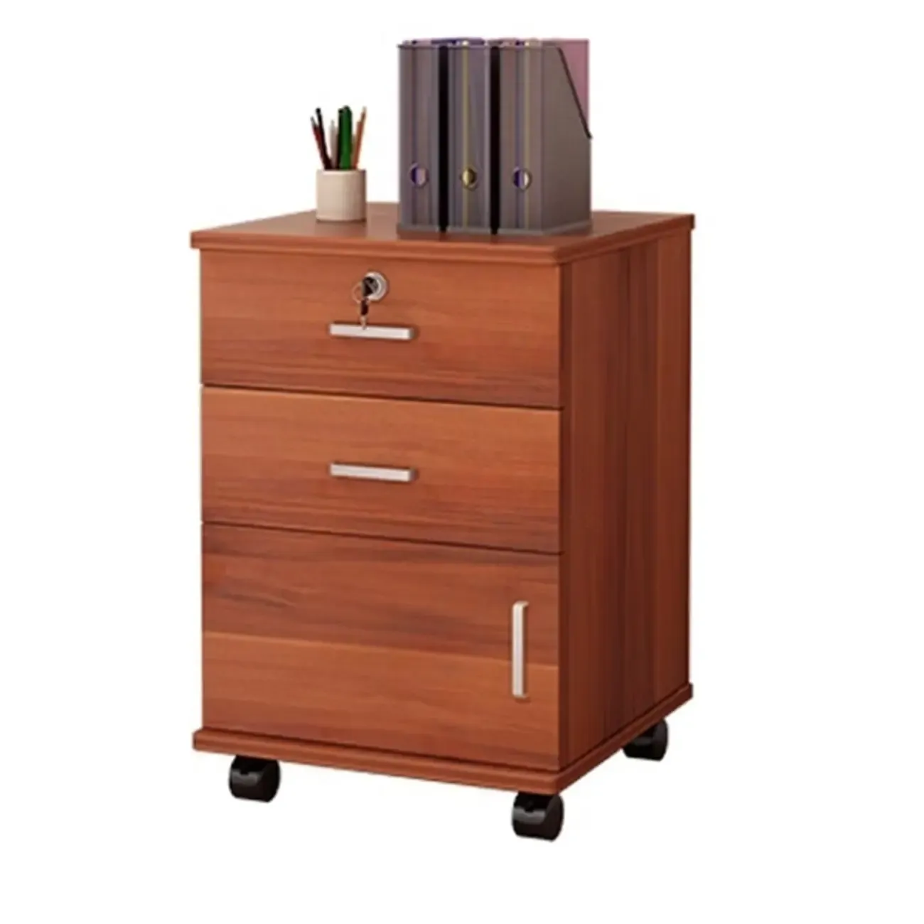 Elegant Wooden Filing Cabinet with Lock and Casters for Office Image - 10