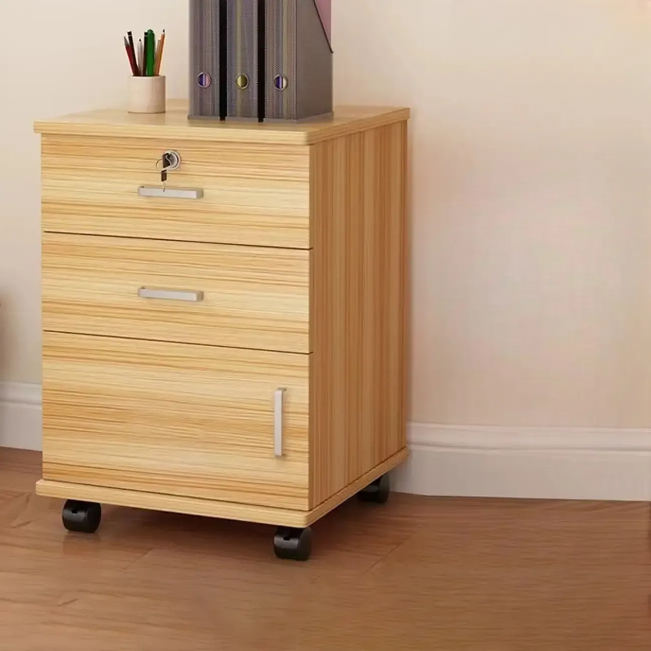 Elegant Wooden Filing Cabinet with Lock and Casters for Office Image - 26