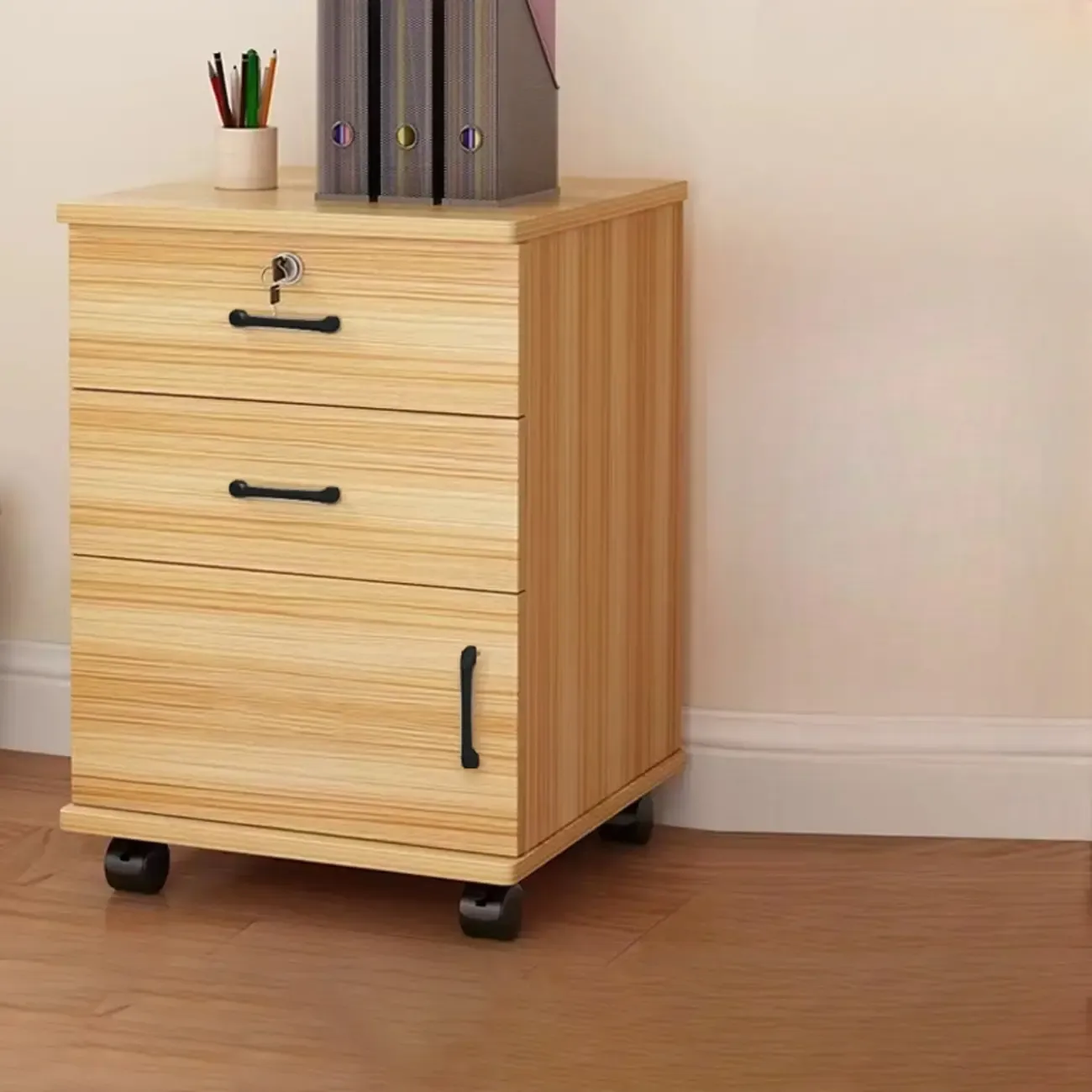 Elegant Wooden Filing Cabinet with Lock and Casters for Office Image - 27