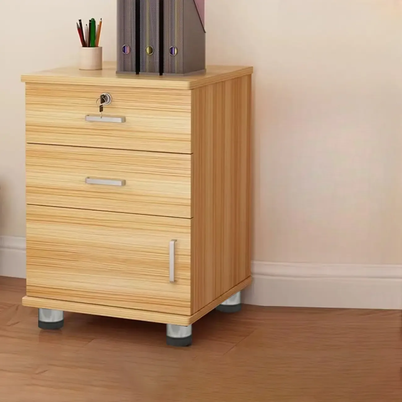 Elegant Wooden Filing Cabinet with Lock and Casters for Office Image - 28