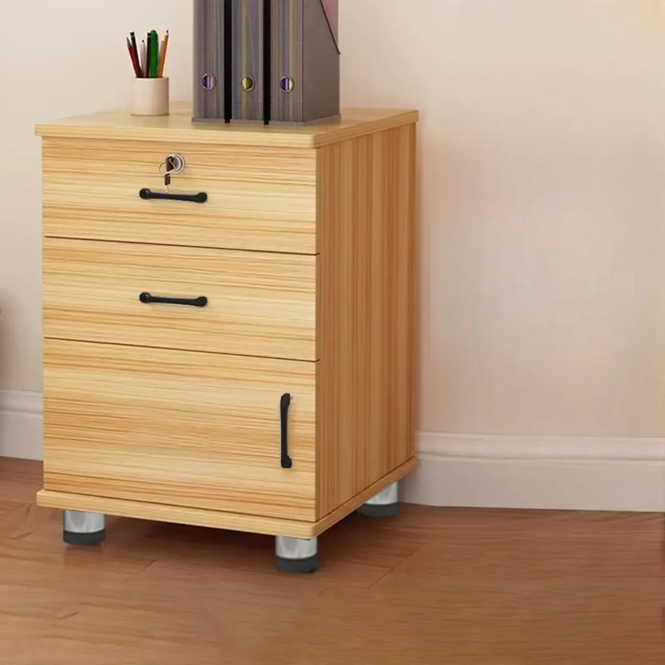 Elegant Wooden Filing Cabinet with Lock and Casters for Office Image - 29