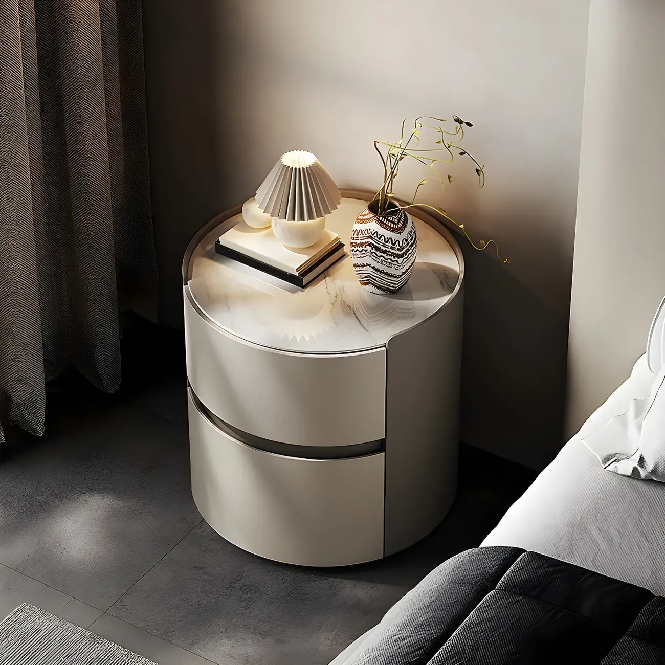 Modern Slate Countertop Round 2-Drawer Nightstand Image - 3