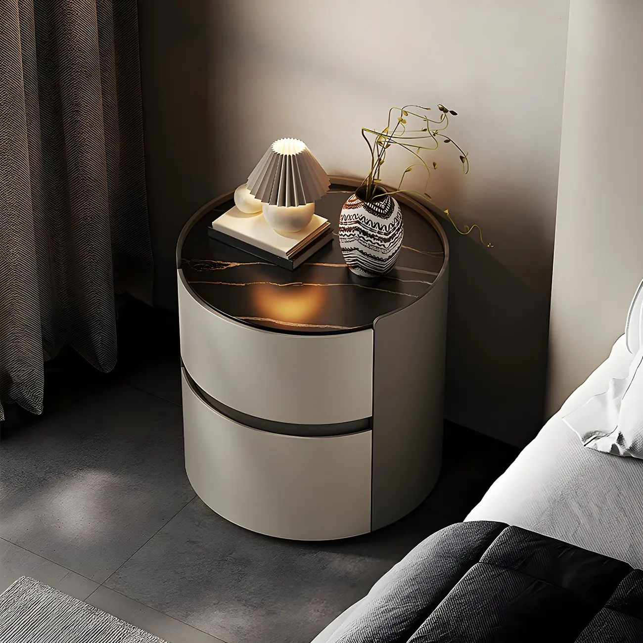 Modern Slate Countertop Round 2-Drawer Nightstand Image - 4 | homeyfad