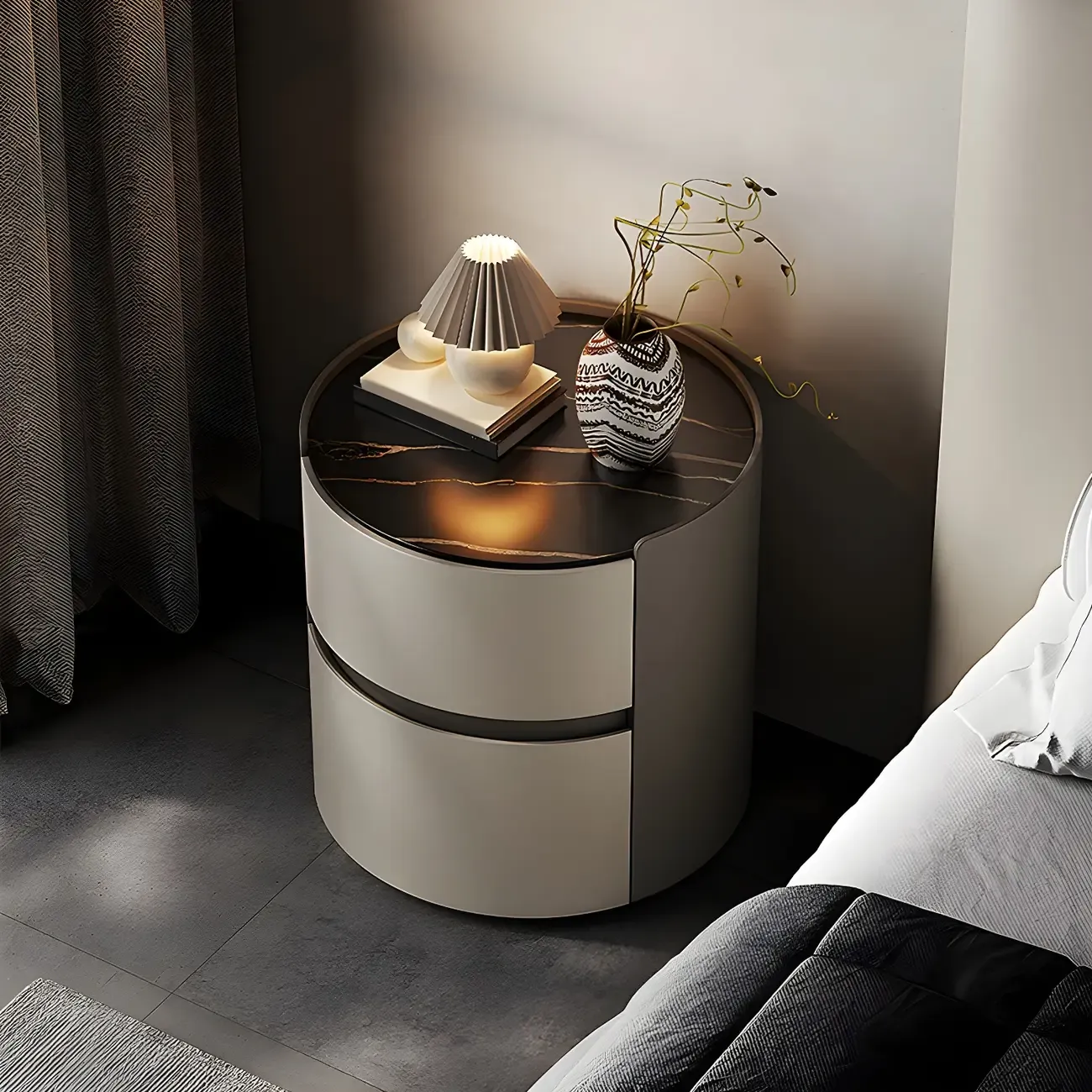 Modern Slate Countertop Round 2-Drawer Nightstand Image - 4