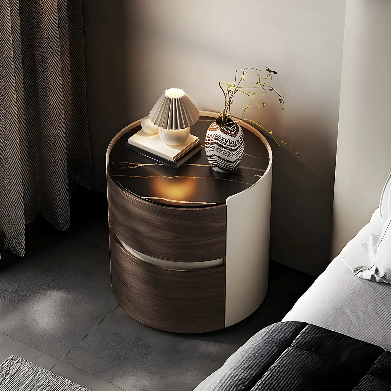 Modern Slate Countertop Round 2-Drawer Nightstand Image - 5 | homeyfad