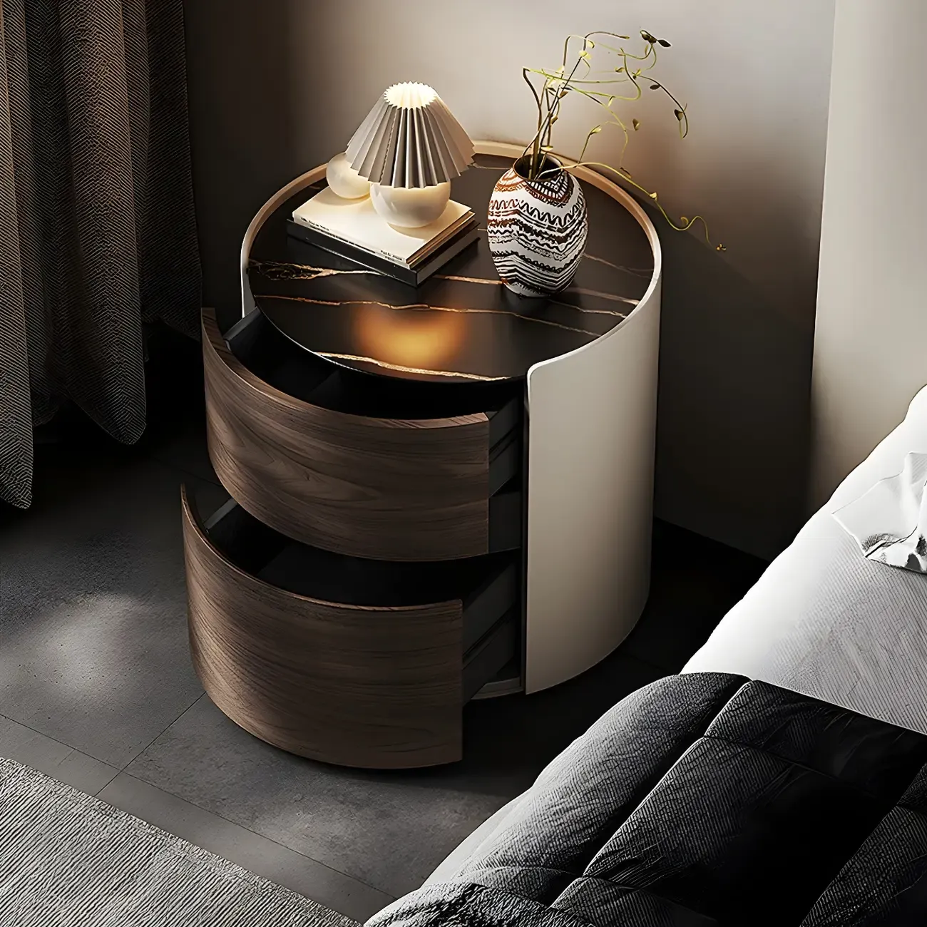 Modern Slate Countertop Round 2-Drawer Nightstand Image - 2