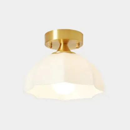 White Floral Glass Shade Gold Semi Flush Ceiling Light Image - 4