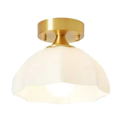 White Floral Glass Shade Gold Semi Flush Ceiling Light Image - 5
