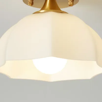 White Floral Glass Shade Gold Semi Flush Ceiling Light Image - 8