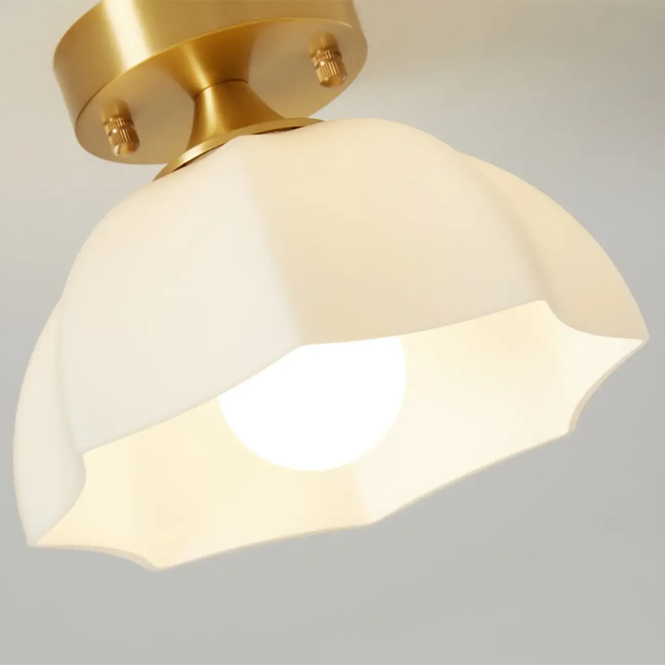 White Floral Glass Shade Gold Semi Flush Ceiling Light Image - 9