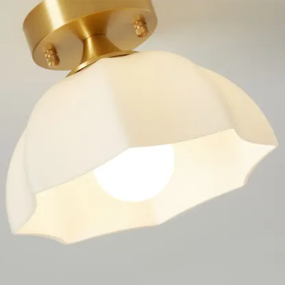 White Floral Glass Shade Gold Semi Flush Ceiling Light Image - 9